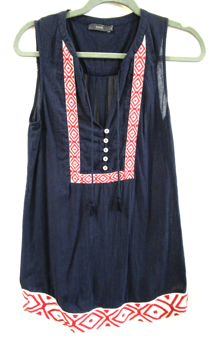 THML Navy Blue, 100% Cotton Red Embroidered Sleeveless Shift Dress Women S